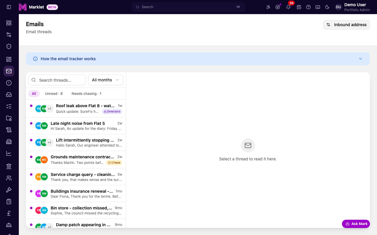 Marklet email tracker showing correspondence filed against blocks and issues