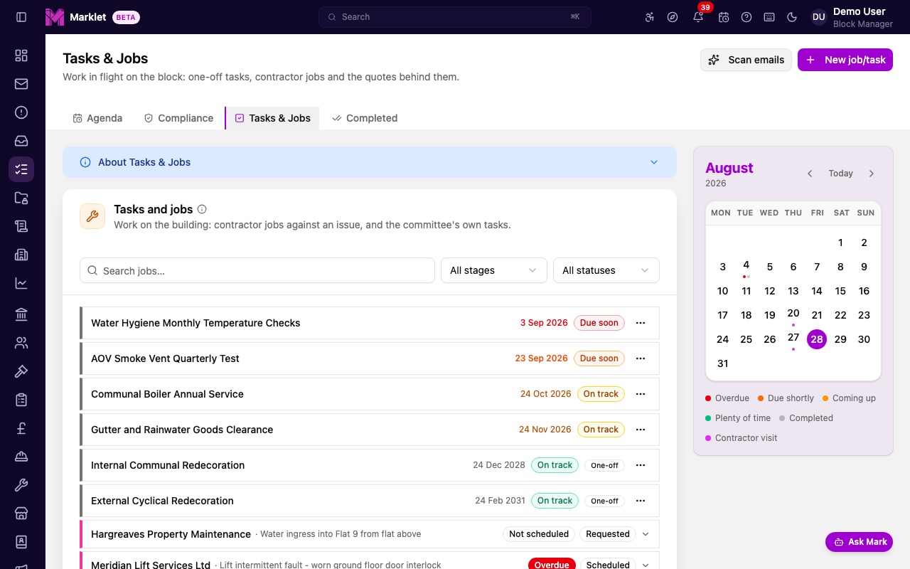 Marklet tasks and jobs showing contractor jobs linked to compliance checks