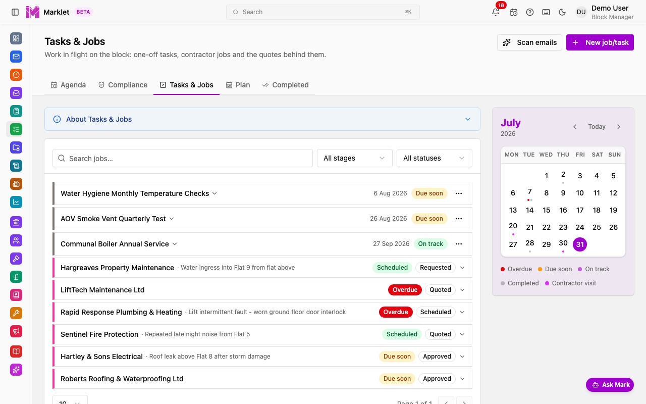 Marklet tasks and jobs showing contractor jobs linked to compliance checks