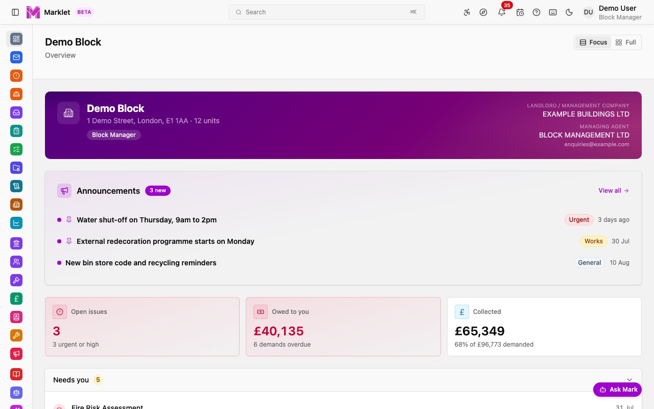 Marklet dashboard showing block overview, activity feed, and building health score