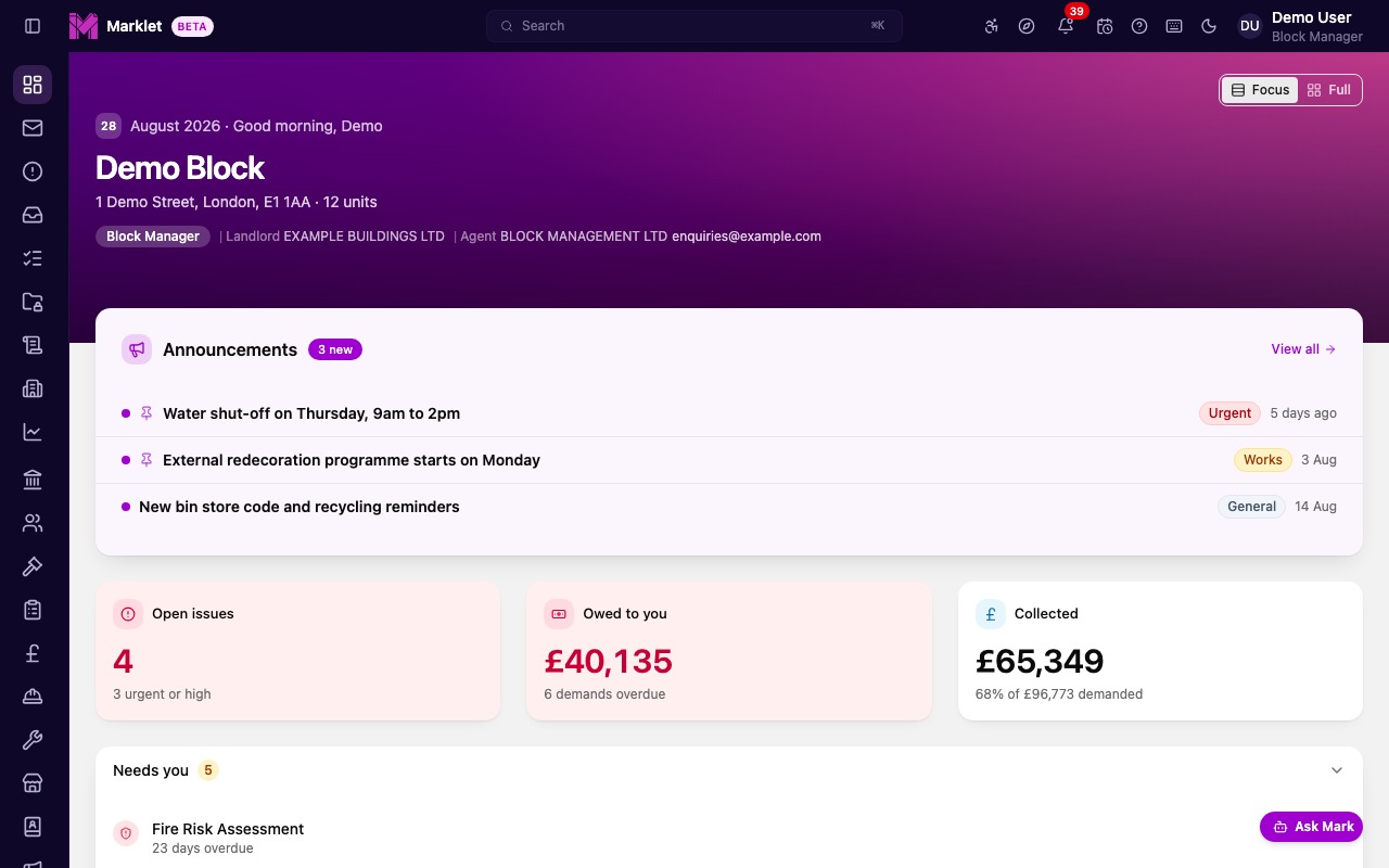 Marklet dashboard showing block overview, activity feed, and building health score