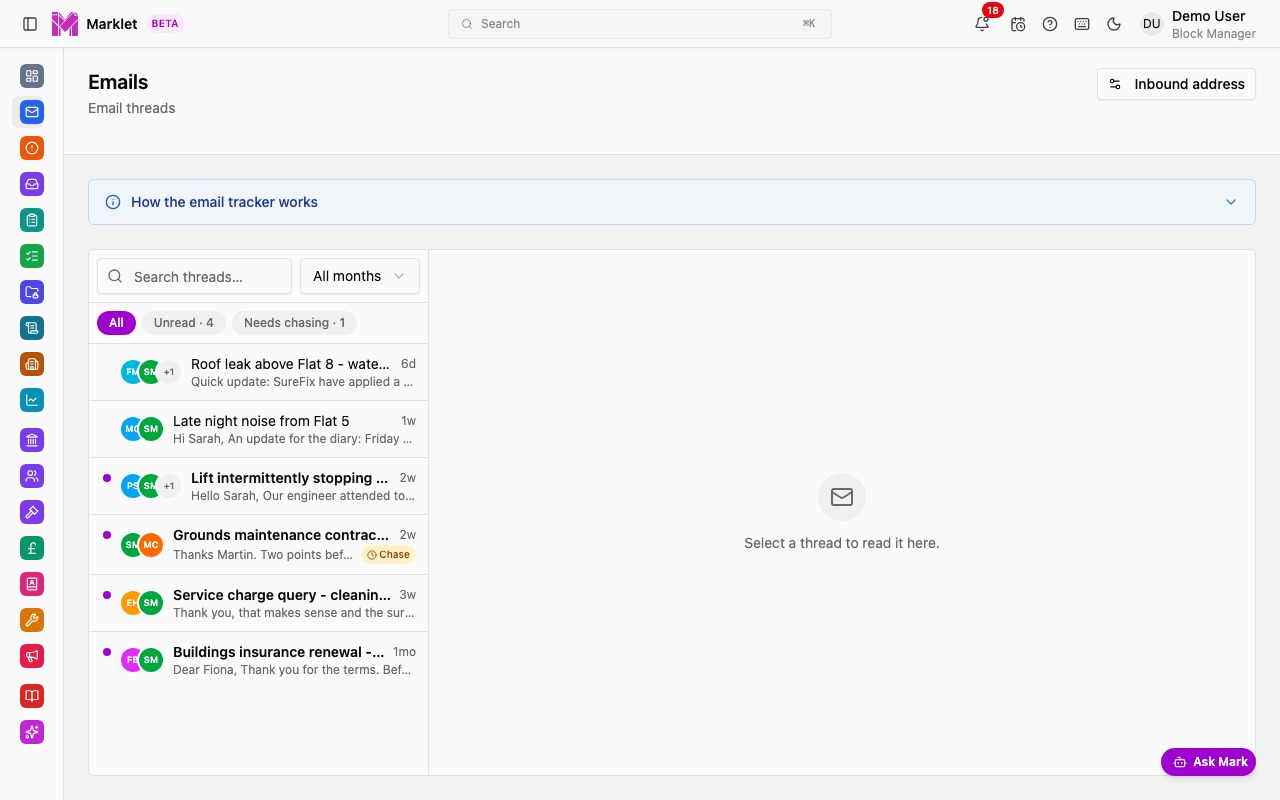 Marklet email archive showing threaded email list with search