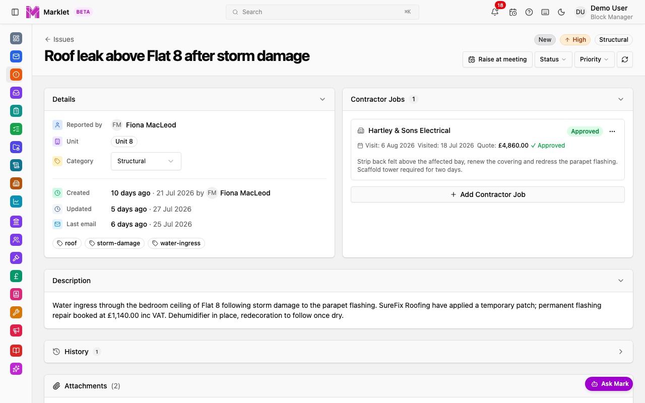 Marklet issue detail showing contractor job with quote, approval and completion notes
