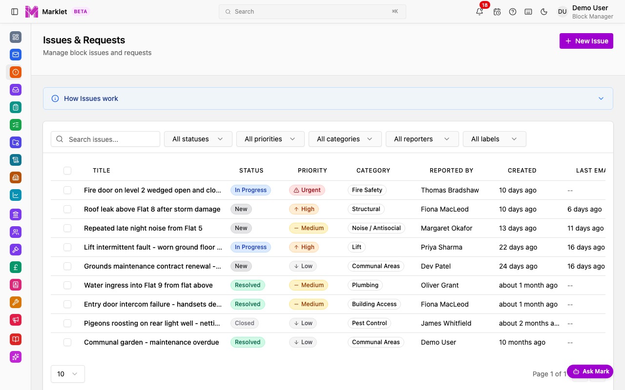 Marklet issues tracker showing open and resolved issues with status badges