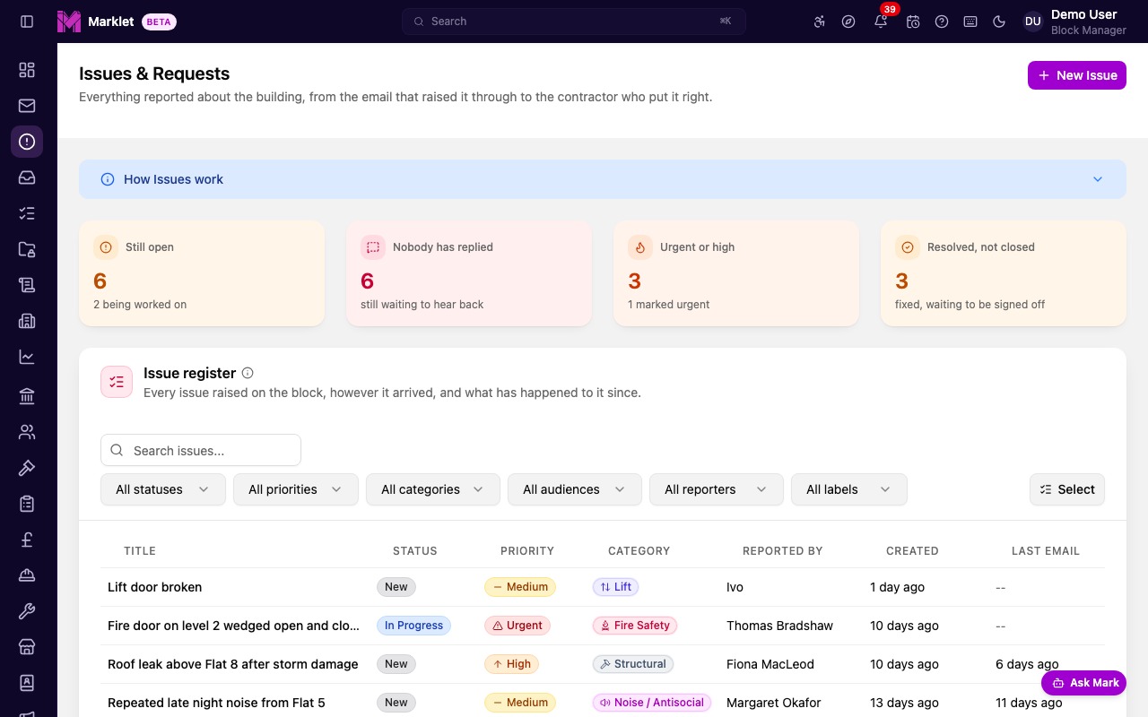 Marklet issues tracker showing open and resolved issues with status badges