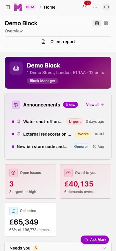 Marklet block dashboard on mobile, showing announcements, open issues and money owed