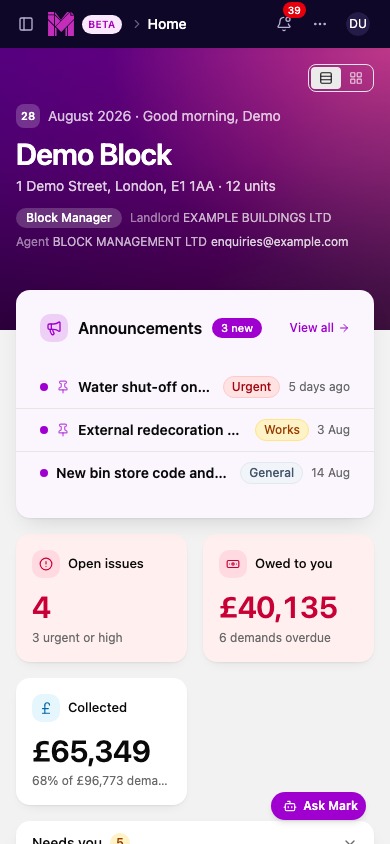 Marklet block dashboard on mobile, showing announcements, open issues and money owed