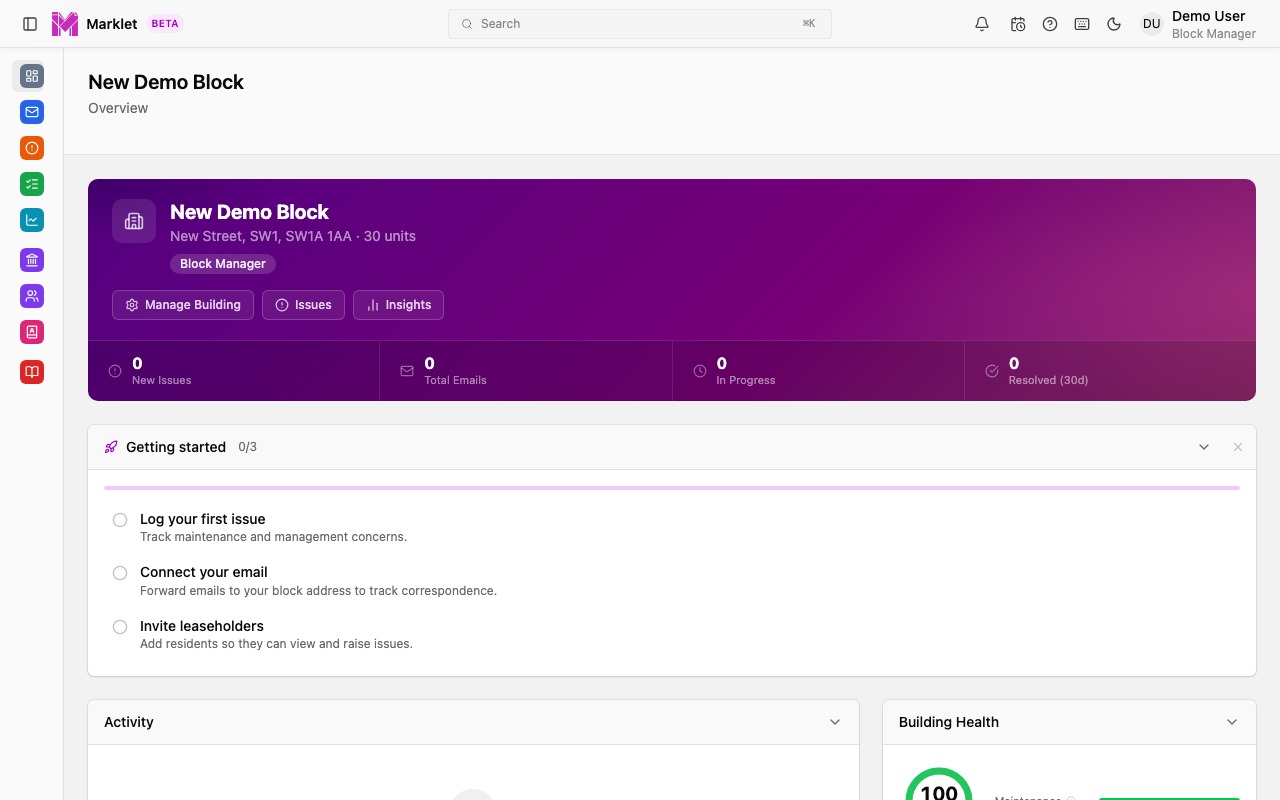 Marklet dashboard showing block overview and recent activity