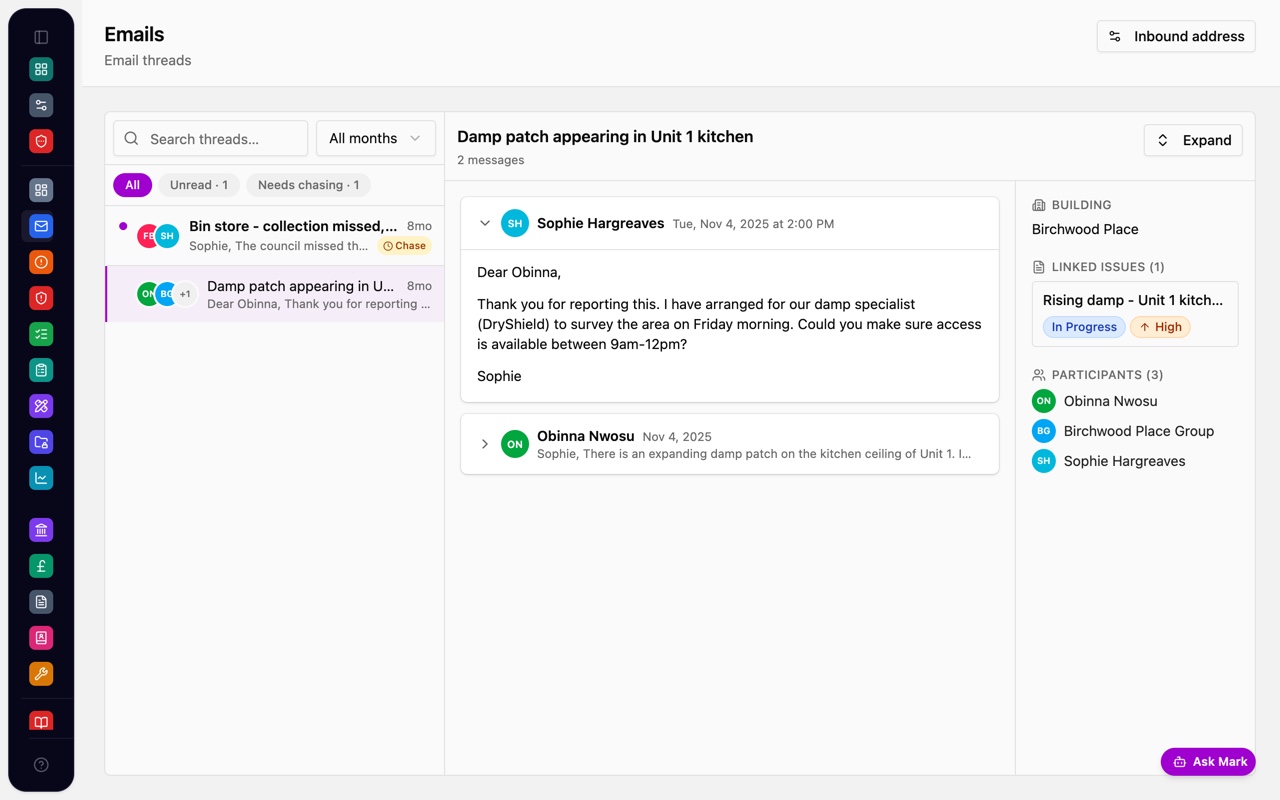 Marklet email tracker showing correspondence filed against blocks and issues