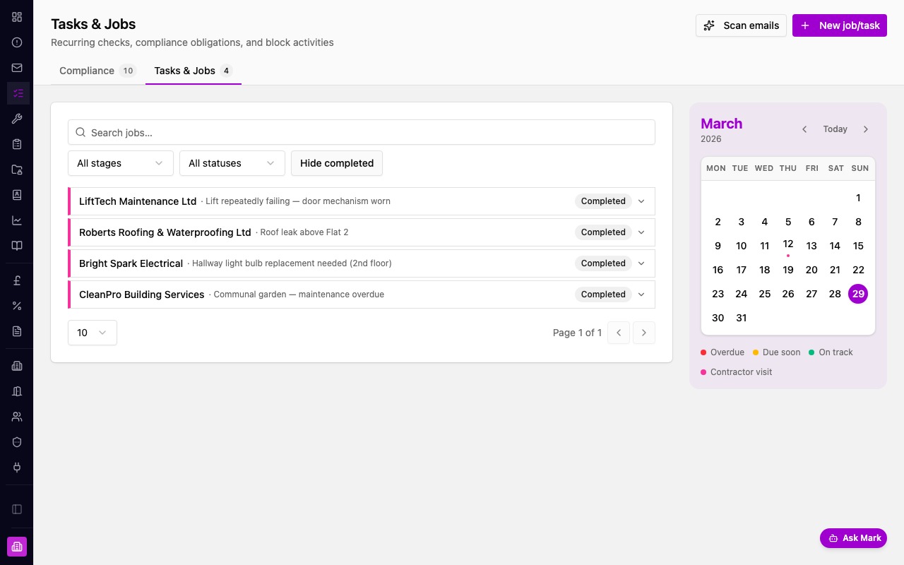 Marklet tasks and jobs showing contractor jobs linked to compliance checks