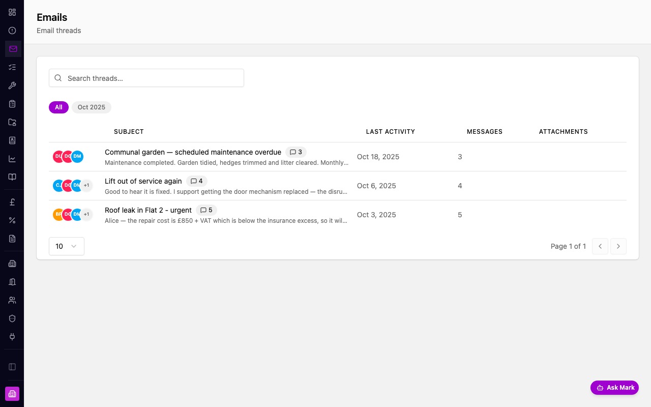 Marklet email archive showing threaded email list with search