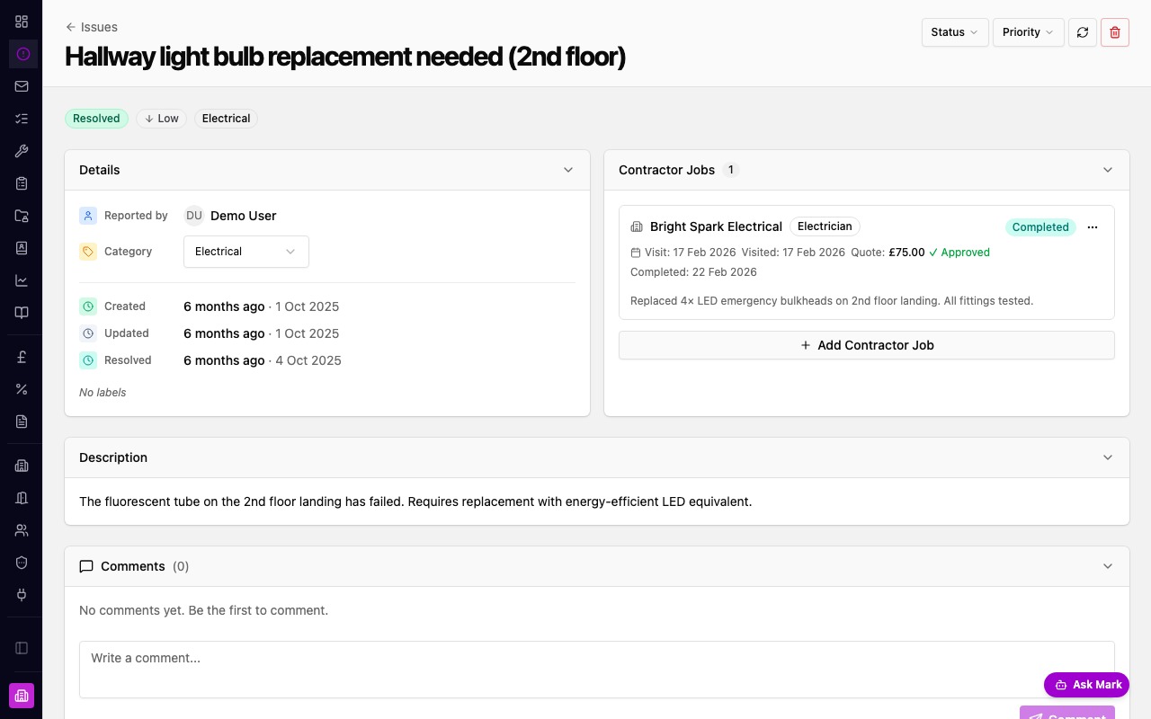 Marklet issue detail showing contractor job with quote, approval and completion notes