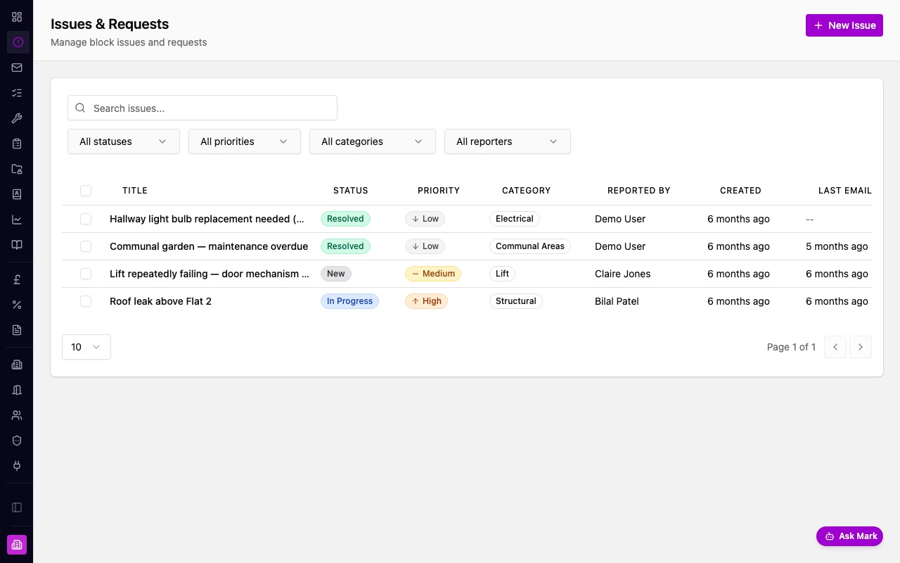 Marklet issues tracker showing open and resolved issues with status badges